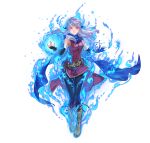  1girl absurdres aura belt blue_aura blue_eyes commentary elbow_gloves english_commentary fingerless_gloves fire_emblem fire_emblem:_radiant_dawn fire_emblem_engage fire_emblem_heroes floating_hair full_body gloves highres leggings long_hair long_scarf looking_at_viewer micaiah_(emblem)_(fire_emblem) micaiah_(fire_emblem) official_art scarf second-party_source simple_background solo suzuki_rika white_background 