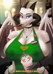 2025 anthro apron apron_only barista big_breasts blue_eyes bodily_fluids breast_milking breasts clothed clothing dragon english_text female frappuccino hi_res horn huge_breasts lactating leaking leaking_milk legwear looking_at_viewer milk multi_horn mythological_creature mythological_scalie mythology ninkasi scales scalie shadiam_(vs4r4) solo text thigh_highs white_body white_scales wide_hips