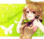  :d bad_id bad_pixiv_id brown_hair bug butterfly earmuffs flower insect open_mouth ribbon shirt short_hair sleeveless sleeveless_shirt smile solo touhou toyosatomimi_no_miko unabara_misumi upper_body yellow_eyes 