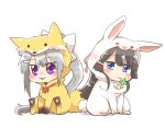  2girls :d :t animal_costume animal_ears animal_hood black_hair blue_eyes blush bow chibi closed_mouth clover crescent fake_animal_ears fake_tail four-leaf_clover fox_costume fox_ears fox_hood fox_tail grey_hair hair_between_eyes hair_bow hair_ornament hairclip higuchi_kaede hood hood_up looking_at_viewer mole mole_under_eye mouth_hold multiple_girls nijisanji nose_blush ponytail purple_eyes rabbit_costume rabbit_ears rabbit_tail rebecca_(keinelove) shadow simple_background sitting smile stalk_in_mouth tail tsukino_mito virtual_youtuber white_background white_bow 