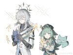  1boy 1girl animal_ears black_gloves closed_eyes elbow_gloves fox_ears fox_girl gloves green_eyes green_hair grey_hair halo halo_behind_head hashtag-only_commentary head_wings highres holding honkai:_star_rail honkai_(series) huohuo_(honkai:_star_rail) long_hair open_mouth paper_doll simple_background sinmavm sparkle sunday_(honkai:_star_rail) tail_(honkai:_star_rail) watermark weibo_username weibo_watermark white_background wings yin_yang_hair_ornament 