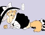  animal animal_focus animalization black_hat bow cat clothed_animal commentary_request hat hat_bow kirisame_marisa min.k mushroom no_humans purple_background simple_background speech_bubble tail touhou translation_request white_bow witch_hat yellow_eyes yellow_fur 