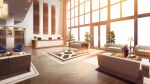  book book_stack carpet ceiling_light chair couch elevator glass_door highres indoors lamp lobby non-web_source official_art orange_light our_life our_life:_beginnings_and_always plant potted_plant stone_floor sunset table variant_set window_light wooden_table 