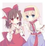  alice_margatroid ascot blonde_hair blue_eyes bow brown_hair capelet detached_sleeves hair_bow hair_tubes hairband hakurei_reimu holding_hands interlocked_fingers multiple_girls red_eyes ribbon rinji smile touhou 