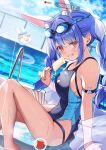  1girl absurdres alternate_costume animal_ears black_one-piece_swimsuit blue_hair braid breasts chameleon_(chameleon0613) competition_swimsuit dutch_angle extra_ears food goggles goggles_on_head grin highleg highleg_one-piece_swimsuit highres hololive jacket long_hair looking_at_viewer medium_breasts multicolored_hair one-piece_swimsuit orange_eyes pool pool_ladder popsicle rabbit_ears rabbit_girl recording see-through_clothes see-through_jacket smile solo swimsuit twin_braids two-tone_hair two-tone_swimsuit usada_pekora virtual_youtuber white_hair 