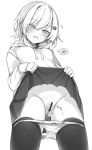  1girl bar_censor bow bow_panties censored clothes_lift commentary_request greyscale hair_ornament hairclip highres hood hood_down hoodie lifting_own_clothes long_sleeves monochrome open_mouth original otokuyou paid_reward_available panties panty_pull parallel_hairclips pussy ringo-chan_(otokuyou) skirt skirt_lift solo speech_bubble spoken_blush thighhighs underwear variant_set 