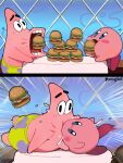 absurd_res ambiguous_gender asterozoan black_eyebrows black_eyes bongftah bottomwear burger clothed clothing crossover duo eating echinoderm eyebrows food hi_res kirby kirby_(series) kissing marine nickelodeon nintendo patrick_star pink_arms pink_body spongebob_squarepants starfish teeth tongue topless waddling_head