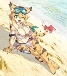 2025 anthro beach big_breasts bikini breasts brown_body brown_fur clothing cygames domestic_cat felid feline felis female fur guzu_kuo inner_ear_fluff looking_at_viewer mammal mia_(world_flipper) multicolored_body navel on_ground one_eye_closed solo swimwear tan_body tan_fur tuft two-piece_swimsuit world_flipper
