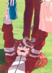  1girl 1other animal_ears blush bottle brown_hair dated grass holding holding_bottle holding_towel horse_ears horse_girl jacket long_hair looking_at_another lying multicolored_hair on_back open_mouth out_of_frame outdoors outstretched_arms pants ponytail red_jacket red_pants shadow shoes smile sneakers streaked_hair sweat takuzui teeth tokai_teio_(umamusume) towel tracen_training_uniform track_jacket twitter_username umamusume water_bottle 