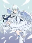  1girl absurdres ankle_boots belt black_belt blue_eyes blue_hair boots breasts cape dress falling_feathers feathered_wings feathers frilled_dress frills hair_ornament hairclip highres large_breasts layered_dress long_hair long_sleeves neck_ribbon nijisanji o-ring o-ring_belt outstretched_arms puffy_long_sleeves puffy_sleeves ribbon simple_background smile snowflake_hair_ornament snowflakes solo teeth towel_kawata virtual_youtuber waist_ribbon white_belt white_boots white_cape white_dress wings yukishiro_mahiro yukishiro_mahiro_(5th_costume) 