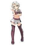  1girl absurdres akishimo_(kancolle) aqua-framed_eyewear aqua_bow aqua_bowtie asymmetrical_hair bad_source bandeau bow bowtie braid brown_hair clothes_writing commentary_request cowboy_shot cropped_jacket detached_collar gradient_hair grey_eyes grey_hair hair_ornament hair_ribbon hand_on_own_elbow highres index_finger_raised jacket kantai_collection leaf_hair_ornament looking_at_viewer midriff multicolored_hair navel pleated_skirt purple_bandeau purple_thighhighs race_queen ribbon short_hair short_hair_with_long_locks simple_background skirt solo standing thighhighs white_background white_jacket white_ribbon white_skirt yashin_(yasinz) 