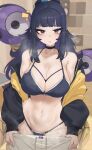  1girl arco_(trickcal) bikini black_bikini black_choker blunt_bangs blush breasts choker cleavage clothes_pull collarbone commentary drone highres indoors jacket jacket_partially_removed jin_rou large_breasts long_hair looking_at_viewer multicolored_jacket navel open_clothes open_jacket panties pants pants_pull ponytail purple_hair solo steam stomach string_bikini sweat swimsuit trickcal two-tone_jacket underwear very_long_hair white_panties 