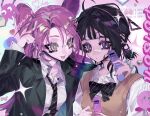  2girls absurdres alien_stage arm_around_shoulder bandaid bandaid_on_face bandaid_on_nose black_hair black_jacket blinky_(pac-man) bow bowtie brown_sweater_vest cellphone cellphone_charm charm_(object) collared_shirt commentary diagonal-striped_bow diagonal-striped_bowtie diagonal-striped_clothes diagonal-striped_necktie english_text flip_phone glasses hair_ornament hairband hairclip heart highres holding holding_phone jacket kirby kirby_(series) long_hair long_sleeves low_ponytail mizi_(alien_stage) multiple_girls necktie official_alternate_costume open_mouth pac-man_(game) phone pink_hair ponytail purple_eyes rimless_eyewear round_eyewear shirt smile striped_clothes sua_(alien_stage) sweater_vest symbol-only_commentary taowu_(20809) tassel triangle twintails upper_body v white_shirt yellow_eyes 