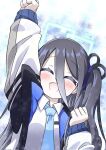  1girl :d ^_^ aqua_halo aris_(blue_archive) arm_up black_hair black_jacket blue_archive blue_background blue_hairband blue_jacket blue_necktie blush clenched_hands closed_eyes collared_shirt commentary facing_viewer hair_between_eyes hairband halo hand_up happy highres jacket long_hair long_hair_between_eyes long_sleeves loosely_tucked_bangs multicolored_jacket necktie one_side_up open_clothes open_jacket open_mouth parted_bangs puffy_long_sleeves puffy_sleeves raised_fist rectangular_halo reiremi school_uniform shirt smile solo two-sided_fabric two-sided_jacket upper_body white_background white_jacket white_shirt 