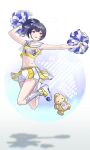  1girl armpits bare_arms black_hair blush commentary_request cropped_shirt highres holding holding_pom_poms idolmaster idolmaster_shiny_colors kneehighs miniskirt morino_rinze niac open_mouth pom_pom_(cheerleading) ponytail red_eyes sailor_collar shirt shoes shorts shorts_under_skirt skirt sleeveless sleeveless_shirt socks solo white_sailor_collar white_shoes white_shorts white_socks yellow_shirt yellow_skirt 