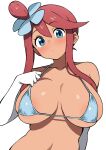  1girl areola_slip bikini blue_bikini blue_eyes blush breasts breasts_apart ecgg_(tsuji418477) elbow_gloves gloves hair_ornament highres large_breasts long_sidelocks looking_at_viewer micro_bikini navel one_side_up pokemon pokemon_bw red_hair sidelocks simple_background skyla_(pokemon) solo swimsuit tan upper_body white_background white_gloves 