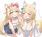  2girls :d alternate_hairstyle animal_ear_fluff animal_ears blonde_hair blue_eyes blue_shirt blue_streaks blunt_bangs breasts choker claw_pose cleavage dog_ears dog_girl dog_tail fluffy_tail frilled_choker frills fuwawa_abyssgard fuwawa_abyssgard_(casual) hair_ornament half-closed_eyes highres hololive hololive_english large_breasts leaning_forward light_blush long_hair looking_at_viewer mococo_abyssgard mococo_abyssgard_(casual) multicolored_hair multiple_girls pink_eyes pink_streaks shirt skirt sleeveless sleeveless_shirt small_breasts smile sobbi11 streaked_hair tail virtual_youtuber white_shirt white_skirt 