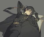  1boy black_coat black_eyes black_gloves black_hair black_jacket closed_mouth coat commentary_request fhemfmsrpwjd gloves grey_background hair_between_eyes jacket korean_commentary long_sleeves lord_(lord_of_heroes) lord_of_heroes lying male_focus male_lord_(lord_of_heroes) military military_uniform on_back simple_background solo unworn_coat 