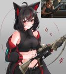  1girl ahoge animal_ear_fluff animal_ears ar-15 assault_rifle black_gloves black_hair black_jacket black_shirt black_shorts crop_top fox_ears fox_girl gloves grey_background gun highres holding holding_gun holding_weapon hololive jacket kurokami_fubuki long_hair looking_at_viewer midriff mouth_hold navel off_shoulder open_clothes open_jacket panty_straps pentagram photo-referenced photo_inset red_eyes reference_inset rifle sarah_connor shirt shorts simple_background single_glove sleeveless sleeveless_shirt solo sparkle st-147 stalk_in_mouth terminator_(series) terminator_2:_judgment_day virtual_youtuber weapon 