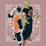  2boys alien antennae black-framed_eyewear black_eyes black_hair black_shoes brown_shoes chinese_clothes closed_mouth colored_skin cosplay dougi dragon_ball dragon_ball_(classic) dragon_ball_super dragon_ball_z fingernails full_body glasses grandpa_gohan grandpa_gohan_(cosplay) green_skin living_(nsiring) long_sleeves looking_at_viewer male_focus multiple_boys piccolo piccolo_daimaou piccolo_daimaou_(cosplay) pointy_ears sharp_fingernails shoes smile son_gohan twitter_username 