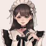  1girl aegyo_sal artist_logo black_bow black_bowtie black_choker bow bowtie brown_hair cellphone chain chain_earrings choker closed_mouth commentary_request ear_piercing earrings eyelashes grey_background grey_eyes heart heart_choker highres holding holding_phone jewelry logo looking_at_viewer maid maid_headdress mano_aaa multiple_rings original phone piercing portrait red_lips ring smartphone solo 