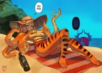 2025 5_toes 6_arms animal_humanoid beach beach_towel big_breasts bikini bikini_bottom bikini_bottom_only blue_body blue_skin breasts cayenne_(gattles) cephalopod cephalopod_humanoid clothed clothing covering covering_breasts covering_self day demon demon_humanoid dialogue duo english_text eyes_closed feet female freckled_breasts freckled_face freckles gattles gesture grill_marks hair hair_over_eye hama_(ceehaz) hat headgear headwear hi_res horn horned_humanoid humanoid humanoid_feet lying marine marine_humanoid membrane_(anatomy) mollusk mollusk_humanoid multi_arm multi_limb navel octopus_humanoid olive_oil on_back open_mouth orange_body orange_skin outside plantigrade pointy_nose pseudo_hair red_hair sand seaside sky solo_focus speech_bubble suction_cup sun_hat sunbathing suntan swimwear tan_line tentacle_hair tentacles text toes topless towel two-piece_swimsuit waving waving_at_viewer webbed_feet