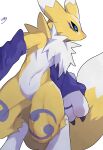 2025 ambiguous_gender anthro arm_tuft armwear athletic bandai_namco biped black_claws black_sclera blue_eyes bridal_gauntlets claws clothing colored countershade_torso countershading digimon digimon_(species) digital_drawing_(artwork) digital_media_(artwork) fingers fluffy fur hi_res kokodari long_ears long_tail looking_aside muscular navel neck_tuft pose purple_body purple_clothing purple_fur renamon shaded shadow shoulder_tuft signature small_waist solo tail thick_thighs tomoe_(symbol) tuft white_body white_countershading white_fur yellow_body yellow_fur