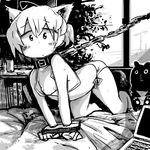  1girl ahoge animal_ears blush cat_ears chains computer hade_na_kangofu hadekan laptop lingerie monochrome nipples original phone short_hair solo sweatdrop underwear 