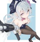  1girl absurdres aiming aiming_at_viewer alternate_costume assault_rifle azusa_(blue_archive) black_pantyhose blue_archive blue_background blue_leotard bow bowtie breasts covered_navel crossed_bangs detached_collar grey_hair gun highres holding holding_gun holding_weapon leotard long_hair looking_at_viewer m4_carbine pantyhose pink_bow pink_bowtie pink_eyes playboy_bunny rifle simple_background small_breasts solo strapless strapless_leotard thighband_pantyhose weapon wittmann_(ehvr8373) 