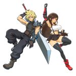 1boy 1girl absurdres arm_up armor armpits baggy_pants bare_shoulders black_gloves black_hair black_skirt black_thighhighs blonde_hair blue_eyes boots breasts brown_gloves brown_hair buster_sword clenched_hands closed_mouth cloud_strife crop_top dattosan english_commentary final_fantasy final_fantasy_vii final_fantasy_vii_rebirth final_fantasy_vii_remake fingerless_gloves full_body gloves highres holding holding_sword holding_weapon large_breasts long_hair looking_at_viewer low-tied_long_hair midriff miniskirt navel open_mouth pants red_boots red_eyes ribbed_sweater short_hair shoulder_armor single_arm_guard single_bare_shoulder skirt sleeveless sleeveless_turtleneck spiked_hair suspender_skirt suspenders sweater sword sword_on_back tank_top thighhighs thighs tifa_lockhart turtleneck turtleneck_sweater uppercut weapon weapon_on_back white_background white_tank_top zettai_ryouiki 
