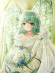  1girl bags_under_eyes blue_flower blue_ribbon blush bouquet breasts bridal_veil bride choker church cleavage closed_mouth collarbone cowboy_shot curly_hair dress flower green_eyes green_hair hair_between_eyes highres holding holding_bouquet kimi_no_koto_ga_dai_dai_dai_dai_daisuki_na_100-nin_no_kanojo kusanochika lace lace-trimmed_dress lace-trimmed_veil lace_choker lace_trim large_breasts layered_dress light_rays long_sleeves looking_at_viewer medium_hair nemui_nemu off-shoulder_dress off_shoulder ribbon rose smile solo stained_glass veil wedding_dress white_choker white_dress white_flower white_rose 
