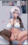  1boy 1girl absurdres ahoge asymmetrical_gloves black_pants black_shirt black_thighhighs blue_jacket blush bra breasts elbow_gloves fingerless_gloves gloves hair_between_eyes hair_ornament highres jacket large_breasts long_hair meginalter micro_panties mole mole_on_breast navel open_clothes open_jacket panties pants shirt short_hair single_elbow_glove single_hair_intake single_thighhigh squatting thighhighs underwear white_bra white_hair white_panties wise_(zenless_zone_zero) yellow_eyes yin_yang_pin yixuan_(zenless_zone_zero) zenless_zone_zero 