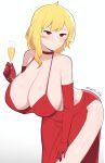  1girl :| absurdres alcohol alternate_costume armpit_crease asymmetrical_hair backless_dress backless_outfit bare_shoulders blush breasts champagne champagne_flute cleavage closed_mouth collarbone commentary covered_nipples cup dot_nose double-parted_bangs dress drinking_glass earrings evening_gown expressionless gloves halter_dress halterneck hand_on_own_leg hanging_breasts highres holding holding_cup hololive hololive_indonesia huge_breasts jewelry kaela_kovalskia leaning_forward long_dress looking_at_viewer low_neckline red_dress red_eyes red_gloves ringed_eyes short_hair side_slit simple_background sleeveless sleeveless_dress solo spaghetti_strap split_mouth standing taut_clothes taut_dress teardrop_earrings thick_thighs thighs tight_clothes tight_dress twitter_username white_background wide_hips yuuta_(yuuta0361) 