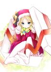  1girl abigail_williams_(fate) anzu_yoshihiro blonde_hair blue_eyes blush_stickers box dress fate/grand_order fate_(series) hat highres in_box in_container long_hair pantyhose parted_bangs santa_costume santa_dress santa_hat solo stuffed_animal stuffed_toy teddy_bear white_pantyhose 