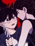  2boys artist_name black_eyes black_hair black_shirt closed_mouth colored_skin crying crying_with_eyes_open dual_persona highres holding holding_knife knife looking_at_another male_focus multiple_boys nicome_02 omori omori_(omori) open_mouth shirt short_hair short_sleeves sunny_(omori) t-shirt tears teeth upper_teeth_only white_skin 