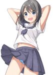  1girl :d absurdres armpit_peek arms_behind_head blue_eyes blue_neckerchief blue_panties blue_skirt blush breasts brown_hair collarbone commentary_request cowboy_shot dancing dutch_angle highres me!me!me!_dance_(meme) medium_hair meme midriff_peek miniskirt navel neckerchief negimiso1989 original panties pantyshot pleated_skirt school_uniform serafuku shirt short_sleeves simple_background skirt small_breasts smile solo underwear upskirt white_background white_serafuku white_shirt 