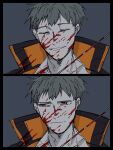  1boy bags_under_eyes blood blood_on_clothes blood_on_face blood_splatter closed_eyes closed_mouth coat exhausted fate/grand_order fate_(series) grin hagiography highres looking_to_the_side male_focus saitou_hajime_(fate) short_hair smile 