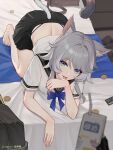  1boy 1girl alternate_costume animal_ear_fluff animal_ears artist_name bag barefoot bed black_jacket black_sailor_collar black_skirt blue_bow blue_bowtie blue_eyes bow bowtie breasts caelus_(honkai:_star_rail) cat_ears cat_girl cat_tail cipher_(honkai:_star_rail) coin commentary cream_on_hands credit_card crop_top fingernails grey_hair hashtag-only_commentary highres holding holding_milk_carton honkai:_star_rail honkai_(series) indoors jacket large_breasts licking licking_hand long_fingernails looking_at_viewer median_furrow medium_hair milk_carton nail_polish on_bed pov pov_hands sailor_collar school_bag school_uniform serafuku shirt shoes short_sleeves skirt tail toenail_polish toenails toes trailblazer_(honkai:_star_rail) unworn_jacket unworn_shoes white_shirt yellow_nails yunkaiming 