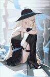  1girl black_gloves black_hat black_shirt black_shoes black_skirt black_thighhighs blonde_hair breasts colored_eyelashes crossed_arms earclip gakuen_idolmaster gloves hat high_heels idolmaster jin_rou knees_up long_hair looking_at_viewer looking_to_the_side o-ring o-ring_thigh_strap orange_eyes shinosawa_hiro shirt shoes sitting sitting_on_stairs skirt sleeveless sleeveless_shirt small_breasts solo stairs straight_hair thigh_strap thighhighs very_long_hair 