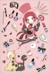  1girl :o absurdres bare_shoulders battle_chatelaine black_gloves black_pantyhose bottle bow chamooi closed_eyes colored_skin commentary compact_(cosmetics) cosmetics dana_(pokemon) dress elbow_gloves english_commentary full_body girafarig gloves hair_brush hand_on_own_hip hat heart high_heels highres holding holding_brush holding_makeup_brush holding_pencil makeup_brush makeup_palette multicolored_hair nail_polish_bottle official_art open_mouth pantyhose pencil perfume_bottle pink_background pink_dress pink_hair pink_hat pink_shoes pokemon pokemon_(creature) pokemon_xy red_hair shoes short_hair_with_long_locks simple_background striped_bow third-party_source top_hat two-tone_background two-tone_hair unworn_bow v-shaped_eyebrows white_skin 