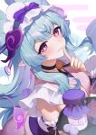  1girl apron bell black_choker blue_hair bow breasts choker closed_mouth covering_own_mouth dango dango_milk_(genshin_impact) detached_sleeves finger_to_mouth food frilled_apron frilled_hairband frills genshin_impact hairband hand_over_own_mouth holding holding_tray japanese_clothes large_breasts long_hair looking_at_viewer meshiro milk neck_bell obi pointy_ears purple_eyes sash shushing smile tail tray wagashi wide_sleeves yumemizuki_mizuki 
