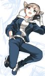  1boy 1girl belt blonde_hair blue_jumpsuit blue_shoes commentary_request cone_hair_bun double_bun gloves hair_bun hand_in_pocket hand_up highres holding holding_phone hood hood_down hoodie jasmine_(toshi_densetsu_kaitai_center) jumpsuit long_sleeves meguriya_ayumu open_mouth partially_fingerless_gloves phone shoes short_hair sneakers talking_on_phone toshi_densetsu_kaitai_center white_gloves yamada_fgm 