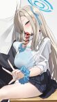  1boy 1girl absurdres asuna_(blue_archive) asuna_(school_uniform)_(blue_archive) asymmetrical_bangs black_choker black_skirt blue_archive blue_bow blue_bowtie blue_halo blue_nails blue_ribbon blue_scrunchie bow bowtie button_gap choker desk fellatio hair_over_one_eye halo hetero highres looking_to_the_side loose_bowtie on_desk oral penis ribbon school_uniform scrunchie sensei_(blue_archive) skirt sleeves_rolled_up thighs v wrist_scrunchie ykt_scl 