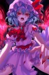  1girl blood blood_on_clothes blood_on_face brooch frilled_shirt frilled_skirt frills hat highres jewelry looking_at_viewer mob_cap momohana_3939 open_mouth red_eyes red_nails remilia_scarlet shirt short_hair skirt solo touhou 