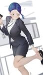  1girl black_jacket black_shoes blue_hair c-eye collared_shirt commentary high_heels highres id_card jacket leg_up long_sleeves looking_down mole mole_under_eye o3o office_lady original pumps shirt shoes skirt skirt_suit solo suit symbol-only_commentary white_shirt yellow_eyes 