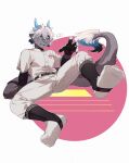 anthro baseball_uniform big_feet blue_tongue blush bodily_fluids clothing dragon enmapsycho feet foot_focus footwear fur furred_dragon furred_scalie grey_body hair hi_res horn long_tail male mythological_creature mythological_scalie mythology question_mark scalie simple_background socks solo sportswear stirrups sweat sweatdrop tail toe_outline tongue uniform white_clothing white_footwear white_hair white_socks