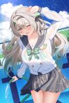  1girl absurdres arm_up black_bow black_hairband blue_sky blush bow bowtie bra bra_visible_through_clothes buttons collarbone commentary_request cowboy_shot day double-breasted firefly_(honkai:_star_rail) firefly_(spring_missive)_(honkai:_star_rail) gradient_hair green_bow green_bowtie green_bra green_eyes green_hair grey_hair grey_sailor_collar grey_skirt hair_bow hair_intakes hairband highres holding holding_hose honkai:_star_rail honkai_(series) hose long_hair long_sleeves looking_at_viewer multicolored_hair one_eye_closed open_mouth outdoors plaid_clothes plaid_skirt pool sailor_collar school_uniform serafuku shirt shouhaku0512 skirt sky smile solo thighs underwear wet wet_clothes wet_shirt white_shirt 