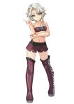  1girl absurdres akishimo_(kancolle) aqua-framed_eyewear aqua_bow aqua_bowtie asymmetrical_hair bad_source bandeau bow bowtie braid brown_hair clothes_writing commentary_request cowboy_shot detached_collar gradient_hair grey_eyes grey_hair hair_ornament hair_ribbon hand_on_own_elbow highres index_finger_raised kantai_collection leaf_hair_ornament looking_at_viewer midriff multicolored_hair navel purple_bandeau purple_shorts purple_thighhighs race_queen ribbon short_hair short_hair_with_long_locks shorts simple_background solo standing thighhighs white_background white_ribbon yashin_(yasinz) 