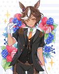  1girl american_flag american_flag_print animal_ears black_jacket black_pants black_vest blue_flower bow brown_eyes brown_hair closed_mouth collared_shirt corrupted_twitter_file flag_print flower gloves green_necktie hair_bow hair_ornament hairclip highres horse_ears horse_girl indie_virtual_youtuber jacket luna_(l000llaby) multicolored_bow multicolored_hair necktie orange_necktie pants pink_flower second-party_source shirt short_hair solo star_(symbol) star_in_eye star_print streaked_hair striped_clothes striped_jacket striped_pants striped_vest symbol_in_eye tomoe_umari tomoe_umari_(presidential) two-tone_necktie vertical-striped_clothes vertical-striped_jacket vertical-striped_pants vertical-striped_vest vest virtual_youtuber white_gloves white_hair white_shirt 