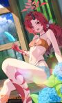  1girl bangs_pinned_back bikini blue_archive blush colored_skin denim denim_shorts dragon_girl dragon_tail food hairband highres holding holding_food holding_popsicle horns looking_at_viewer multicolored_skin official_alternate_costume official_alternate_hairstyle open_mouth orange_hairband popsicle red_eyes red_hair red_skin renge_(blue_archive) renge_(swimsuit)_(blue_archive) sakatsuki_yakumo short_shorts shorts single_horn solo swimsuit tail teeth upper_teeth_only yellow_bikini 